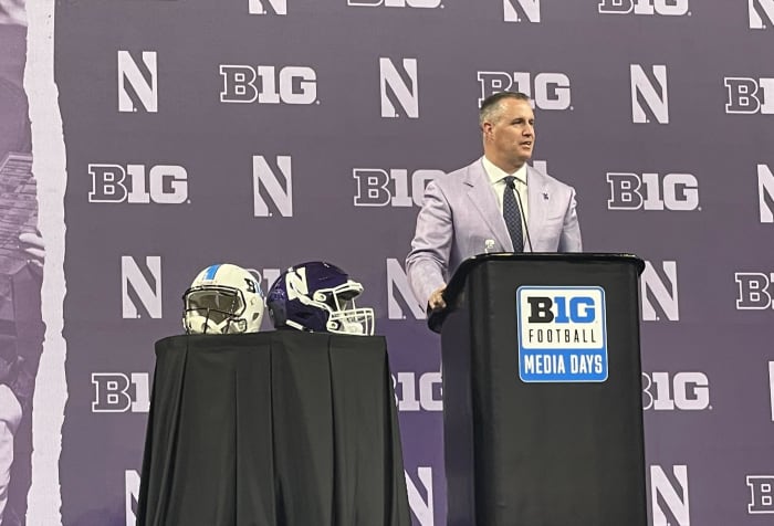Northwestern head football coach Pat Fitzgerald talks at Big Ten Football Media Days.